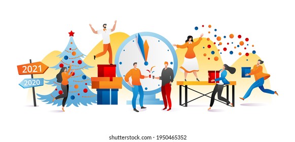 Happy corporate party, vector illustration. People man woman character have fun at cartoon celebration, business company group celebrate christmas