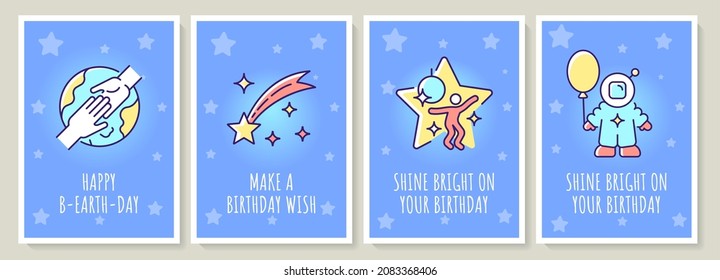 Happy cosmic birthday greeting card with color icon element set. Make birthday wish. Postcard vector design. Decorative flyer with creative illustration. Notecard with congratulatory message