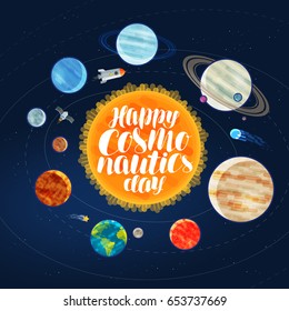 Happy cosmonautics day, banner. Outer space, cosmos, galaxy, planets and stars concept. Cartoon vector illustration