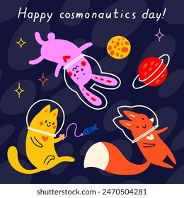 Happy cosmonautics day. Congratulations card. Vector illustration