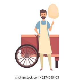 Happy cotton seller icon cartoon vector. Food cart. Street machine
