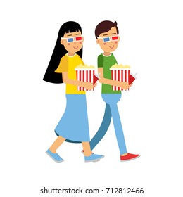 Happy couple in 3d glasses with popcorn going to the cinema vector Illustration