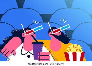 Feliz pareja con gafas 3d ver películas en el cine comer palomitas de maíz relajarse juntos el fin de semana. El hombre y la mujer disfrutan de las películas en el cine y tienen un día de descanso. Animación y relajación. Ilustración vectorial.