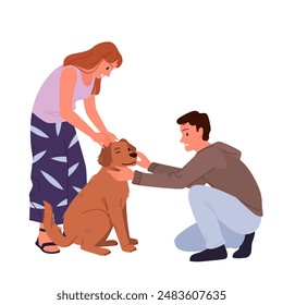 Happy couple adopting stray dog, adoption to family. Two pet owners standing with friendly adorable puppy, hugs and love from man and woman to new friend companion cartoon vector illustration