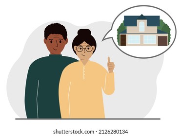 Happy couple or adult family hugging and thinking about buying a dream home. Dreamy metaphor. Vector flat illustration.