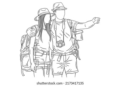 Happy Couple Adventure Explore Trip Mountain Climber Camping Romance Journey Sport Line Art Hand Drawn