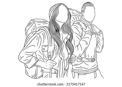 Happy Couple Adventure Explore Trip Mountain Climber Camping Romance Journey Sport Line Art Hand Drawn