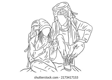 Happy Couple Adventure Explore Trip Mountain Climber Camping Romance Journey Sport Line Art Hand Drawn