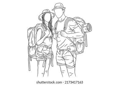 Happy Couple Adventure Explore Trip Mountain Climber Camping Romance Journey Sport Line Art Hand Drawn