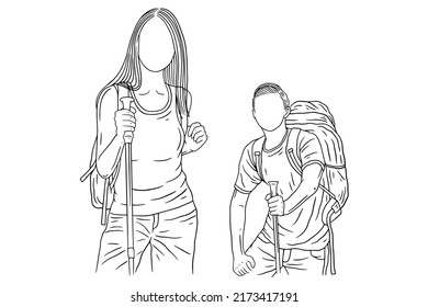 Happy Couple Adventure Explore Trip Mountain Climber Camping Romance Journey Sport Line Art Hand Drawn