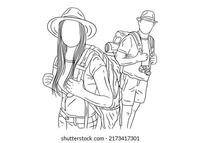 Happy Couple Adventure Explore Trip Mountain Climber Camping Romance Journey Sport Line Art Hand Drawn