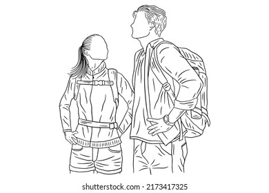 Happy Couple Adventure Explore Trip Mountain Climber Camping Romance Journey Sport Line Art Hand Drawn