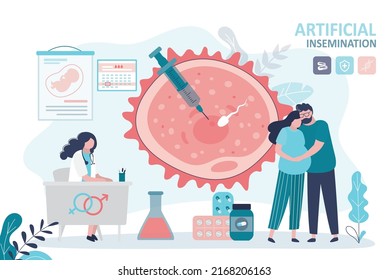 Happy couple after successful embryo engraftment. Embryologist performed procedure to transfer embryo into uterus. People become parents with help of IVF. Artificial insemination. Vector illustration