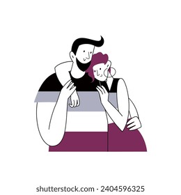 Happy couple of asexual people hugging. Vector illustration.