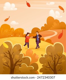 Happy couple in an autumn park cartoon vector illustration. Fall forest landscape with happy men and women. September nature concept for card, poster, book etc. 