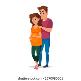 Happy couple awaiting baby. Pregnant woman with husband lovingly holding her belly. Flat vector style perfect for illustrating family, pregnancy, parenting, and maternity-related themes.