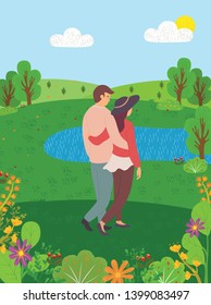 Happy couple back view spend time together in city park. Vector cartoon people on clean nature. Eco save lake or pond, green trees and bushes, man and woman