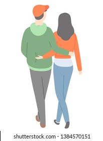 Happy couple back view, vector man in red cup, green hoodie and trousers and woman in red sweater and jeans isolated cartoon people, dating lover