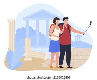 Happy couple with backpack taking selfie travel vacation at antique columns ruin vector flat illustration. Man and woman posing photo video use smartphone at historic culture damage building landmark