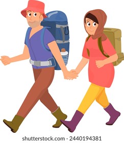 Happy couple with backpacks. Cartoon tourists hiking together