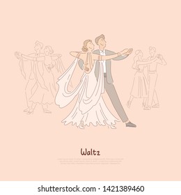 Happy couple in ballroom, young man in suit and woman in beautiful dress dancing waltz, ballet school banner