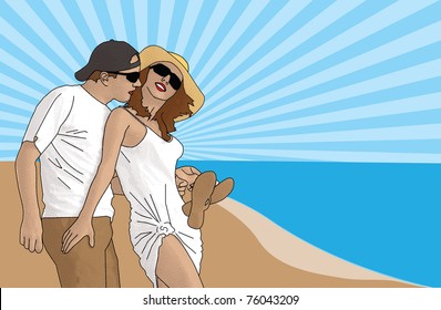 Happy couple at the beach in pop-art style