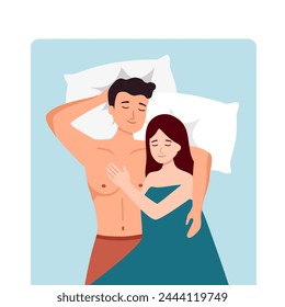 Happy couple in bed vector. Asian woman and man lover couple in bed.