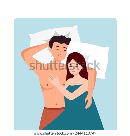 Happy couple in bed vector. Asian woman and man lover couple in bed.