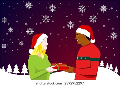 Happy Couple, blonde girl and african american boy giving a christmas gift to each other