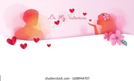 Happy couple blowing a kiss with red heart shapes silhouette plus abstract watercolor painted. Love at first sign concept.  Engagement couple. Happy valentine's day. Vector EPS10