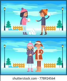 Happy couple boy and girl going to play snowballs, couple drinks coffee outdoors at wintertime landscape, fence and lanterns vector illustration