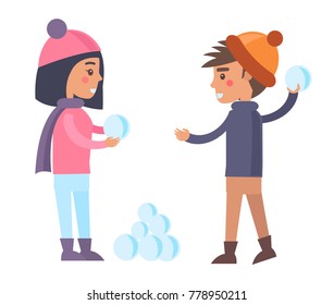 Happy couple boy and girl going to play snowballs outdoors at wintertime vector illustration isolated on white background. Teenagers in warm cloth