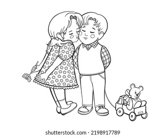 Happy couple of boy and girl with teddy bear in toy car. A girl kisses a boy on the cheek. Page of coloring book. Vector illustration isolated on white background.