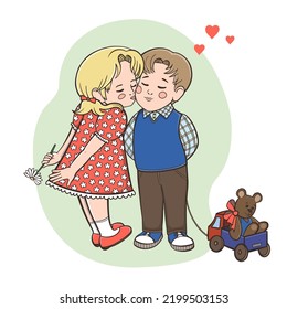 Happy couple of boy and girl with teddy bear in toy car. A girl kisses a boy on the cheek. Vector illustration isolated on white background.