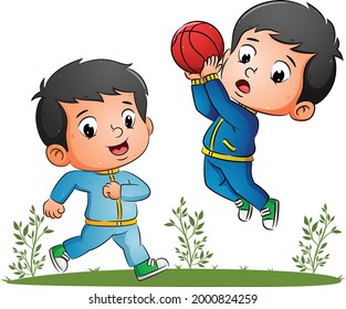 The happy couple boy are playing the basketball together in the garden of illustration