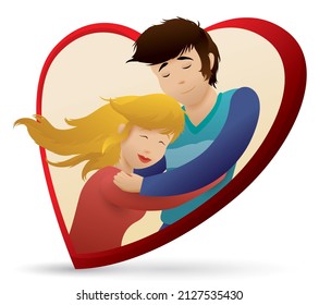 Happy couple of brunette man and long haired blonde woman, embracing each other inside a heart, expressing their love.