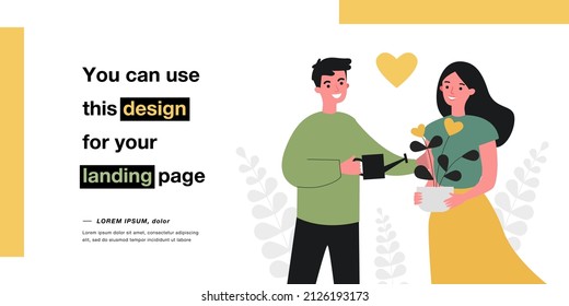 Happy couple building romantic relationship. Male character watering, growing heart flower flat vector illustration. Love and harmony in family concept for banner, website design or landing web page