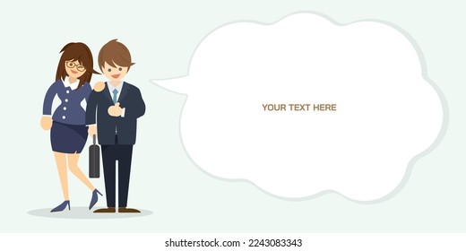 Happy couple business people smiling with blank speech bubble flat design.