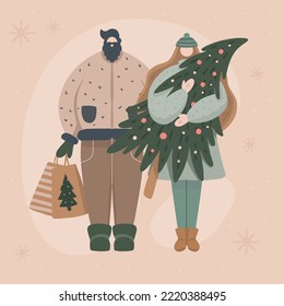 Happy couple buying and holding Christmas Tree and Gifts. Family Christmas celebration. Shopping on winter holidays concept