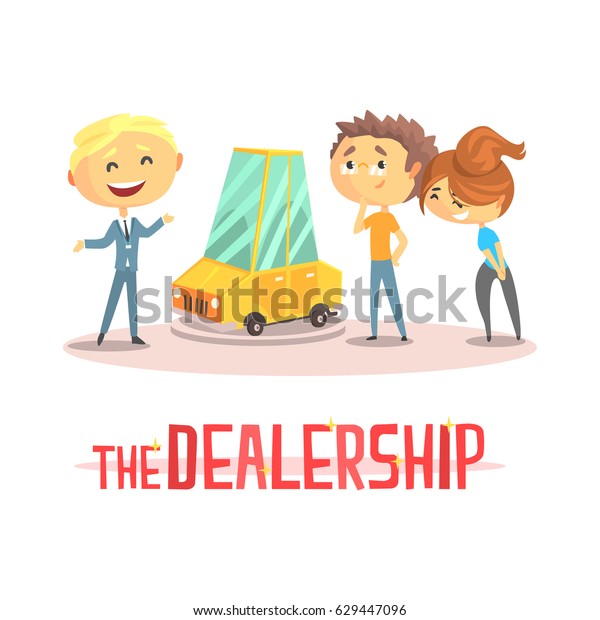 Happy couple with car dealer in auto\
show or salon. Colorful character vector\
Illustration