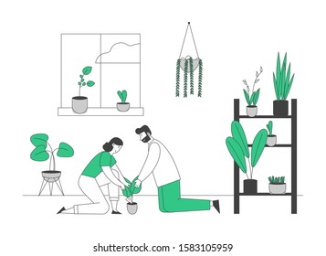 Happy Couple Care of Houseplants Growing in Planters. Young Man and Woman Cultivating Potted Plant at Home. Male and Female Character Enjoying Gardening. Cartoon Flat Vector Illustration, Line Art
