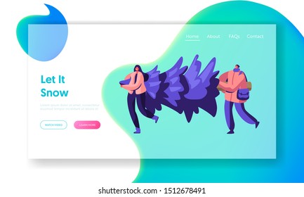 Happy Couple Carry Fir Tree Website Landing Page. Christmas and New Year Party Celebration Young People City Dwellers Prepare for Winter Holidays Event Web Page Banner Cartoon Flat Vector Illustration