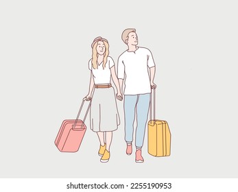 Happy couple carry suitcase being ready to go holidays simple korean style illustration