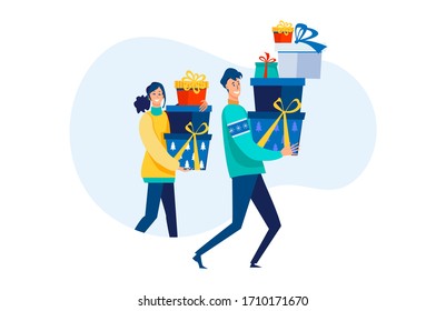 Happy couple carrying Christmas gifts. Man and woman holding walking and holding present boxes flat vector illustration. New Year, Xmas, holiday concept for banner, website design or landing web page