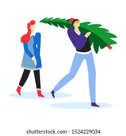 Happy couple carrying Christmas Tree, Merry Xmas holiday party isolated character vector. Preparation for celebrating New Year Eve, winter festive preparing. Man and woman, parents or husband and wife