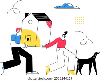 A happy couple carrying a house together, accompanied by a dog walking beside them. The image symbolizes the concept of purchasing a new home and a happy couple. A minimalist illustration.