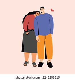 Happy couple. Cartoon doodle characters people in love, pair of man woman hugging together. Modern vector illustration