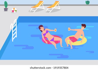 Happy couple cartoon floating on the swimming pool while enjoying drinks
