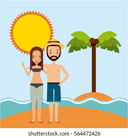 happy couple cartoon icon over beach landscape. trip and vacations concept. colorful design. vector illustration