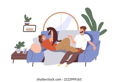 Happy couple with cat relaxing on sofa at home. Man and woman talking, playing with kitty, resting on cozy couch. Leisure time at weekend. Flat vector illustration isolated on white background